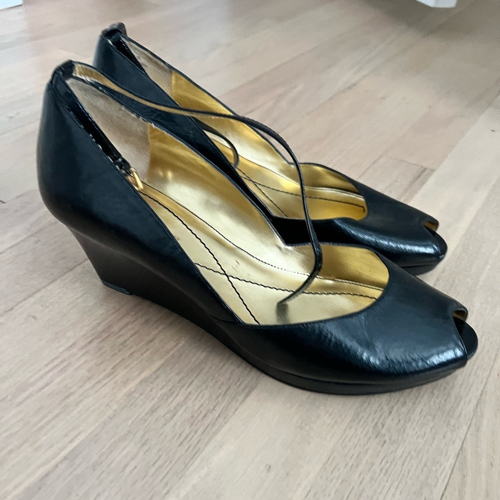 Enzo Angiolini black leather wedge heel with ankle strap